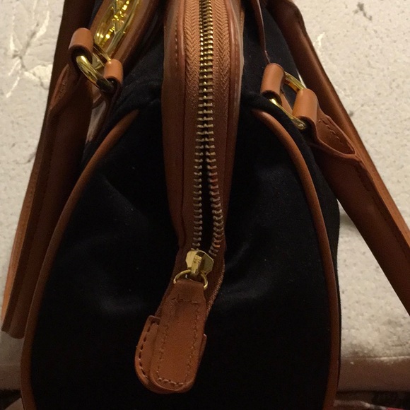 EUC,Iman trapezoid Black Denim Bag,Camel faux leather,Over arm handlesGoldzipper - Picture 6 of 16